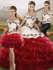 Off The Shoulder Sleeveless Quinceanera Dresses Floor Length Embroidery and Ruffled Layers Wine Red Organza