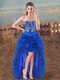 Captivating High Low Royal Blue Prom Party Dress Organza Sleeveless Embroidery and Ruffles