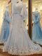 Glittering A-line Long Sleeves Light Blue Homecoming Dress Court Train Lace Up