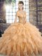 Clearance Off The Shoulder Sleeveless Quinceanera Dress Brush Train Beading and Ruffles Gold Organza