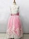 Custom Design Pink And White Sleeveless Floor Length Beading and Lace and Bowknot Lace Up Flower Girl Dress