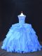 Affordable Sleeveless Organza Brush Train Lace Up Sweet 16 Dress in Blue with Beading and Ruffles