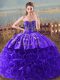 Unique Purple Ball Gowns Embroidery and Ruffles Ball Gown Prom Dress Lace Up Fabric With Rolling Flowers Sleeveless