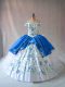 Sleeveless Organza Floor Length Lace Up Quinceanera Dress in Blue And White with Embroidery and Ruffles