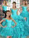 Exceptional Aqua Blue Ball Gowns Off The Shoulder Sleeveless Organza Brush Train Lace Up Beading and Ruffles Sweet 16 Dress