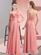 Lovely Empire Bridesmaid Gown Watermelon Red One Shoulder Chiffon Sleeveless Floor Length Lace Up