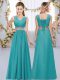 Fashion Teal Bridesmaid Gown Wedding Party with Beading and Belt V-neck Sleeveless Lace Up