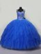 Straps Sleeveless Quinceanera Gowns Floor Length Beading and Ruffles Blue Tulle