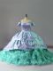 Blue Ball Gowns Organza Off The Shoulder Sleeveless Embroidery and Ruffles Lace Up Quinceanera Gown Chapel Train