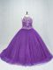 Fantastic Purple Tulle Lace Up Quinceanera Gown Sleeveless Brush Train Beading
