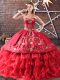 Red Organza 15 Quinceanera Dress Embroidery and Ruffled Layers