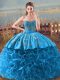 Deluxe Baby Blue Sleeveless Floor Length Embroidery and Ruffles Lace Up Quinceanera Dress