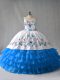 Glamorous Sweetheart Sleeveless Sweet 16 Dress Floor Length Embroidery and Ruffled Layers Blue And White Organza
