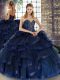 Navy Blue Tulle Lace Up Ball Gown Prom Dress Sleeveless Floor Length Beading and Ruffles