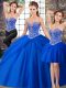 Artistic Royal Blue Sweet 16 Dresses Tulle Brush Train Sleeveless Beading and Pick Ups