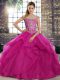 Exceptional Tulle Off The Shoulder Sleeveless Brush Train Lace Up Beading and Ruffles Sweet 16 Quinceanera Dress in Fuchsia