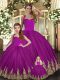 Fantastic Tulle Halter Top Sleeveless Lace Up Embroidery Quinceanera Dress in Fuchsia