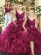 New Style Burgundy Ball Gowns V-neck Sleeveless Organza Floor Length Backless Ruffles and Pick Ups Quince Ball Gowns