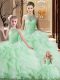 Captivating Apple Green Halter Top Lace Up Beading and Ruffles Sweet 16 Dress Brush Train Sleeveless