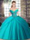 Unique Teal Ball Gowns Tulle Off The Shoulder Sleeveless Beading and Pick Ups Lace Up Vestidos de Quinceanera Brush Train