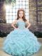Floor Length Lace Up Kids Formal Wear Light Blue for Party and Military Ball and Wedding Party with Beading and Ruffles
