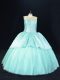 Comfortable Satin and Tulle Scoop Sleeveless Lace Up Beading Ball Gown Prom Dress in Aqua Blue