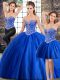 Dazzling Blue Sleeveless Brush Train Beading Ball Gown Prom Dress