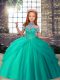 Nice Turquoise Ball Gowns Tulle High-neck Sleeveless Beading Floor Length Lace Up Little Girls Pageant Dress