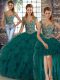On Sale Three Pieces Quinceanera Gowns Peacock Green Straps Organza Sleeveless Floor Length Lace Up