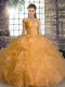 Orange Ball Gowns Off The Shoulder Sleeveless Organza Floor Length Lace Up Beading and Ruffles Sweet 16 Quinceanera Dress