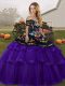 Luxurious Sleeveless Tulle Brush Train Lace Up Sweet 16 Dresses in Black And Purple with Embroidery and Ruffled Layers