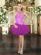 Halter Top Sleeveless Prom Dresses Mini Length Embroidery and Ruffles Fuchsia Tulle