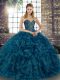 Teal Ball Gowns Sweetheart Sleeveless Organza Floor Length Lace Up Beading and Ruffles 15 Quinceanera Dress