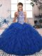 Blue Tulle Lace Up Quinceanera Gown Sleeveless Floor Length Beading and Ruffles