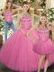 Rose Pink Three Pieces Embroidery Ball Gown Prom Dress Lace Up Tulle Sleeveless Floor Length