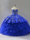 Lovely Royal Blue Lace Up Quinceanera Gown Embroidery and Ruffles Sleeveless Floor Length