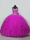 Pretty Fuchsia Ball Gowns Straps Sleeveless Tulle Floor Length Lace Up Beading and Ruffles Sweet 16 Dresses