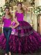 Fine Halter Top Sleeveless Organza Quinceanera Gown Embroidery and Ruffles Lace Up