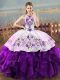 Floor Length Ball Gowns Sleeveless White And Purple Quinceanera Gown Lace Up