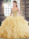 Gold Sleeveless Tulle Brush Train Lace Up 15 Quinceanera Dress for Military Ball and Sweet 16 and Quinceanera