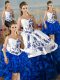 Satin and Organza Sweetheart Sleeveless Lace Up Embroidery and Ruffles Ball Gown Prom Dress in Blue And White