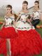 Dramatic White And Red Lace Up Off The Shoulder Embroidery and Ruffles Sweet 16 Quinceanera Dress Organza Sleeveless