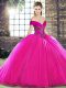 Fancy Fuchsia Organza Lace Up Off The Shoulder Sleeveless Quinceanera Gown Brush Train Beading