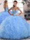 Sexy Blue Tulle Lace Up Off The Shoulder Sleeveless Floor Length Vestidos de Quinceanera Beading and Ruffles