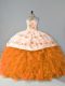 Orange Lace Up 15 Quinceanera Dress Embroidery and Ruffles Sleeveless Floor Length Court Train