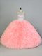 Custom Design Beading and Ruffles Quinceanera Gown Peach Lace Up Sleeveless