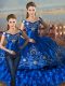 Royal Blue Lace Up Off The Shoulder Embroidery and Ruffled Layers Vestidos de Quinceanera Satin and Organza Sleeveless