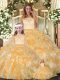 Great Organza Scoop Sleeveless Clasp Handle Lace and Ruffles Vestidos de Quinceanera in Gold