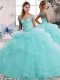 Admirable Floor Length Lace Up Vestidos de Quinceanera Aqua Blue for Military Ball and Sweet 16 and Quinceanera with Beading and Ruffles