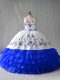 Luxury Royal Blue Organza Lace Up Quinceanera Dresses Sleeveless Embroidery and Ruffled Layers